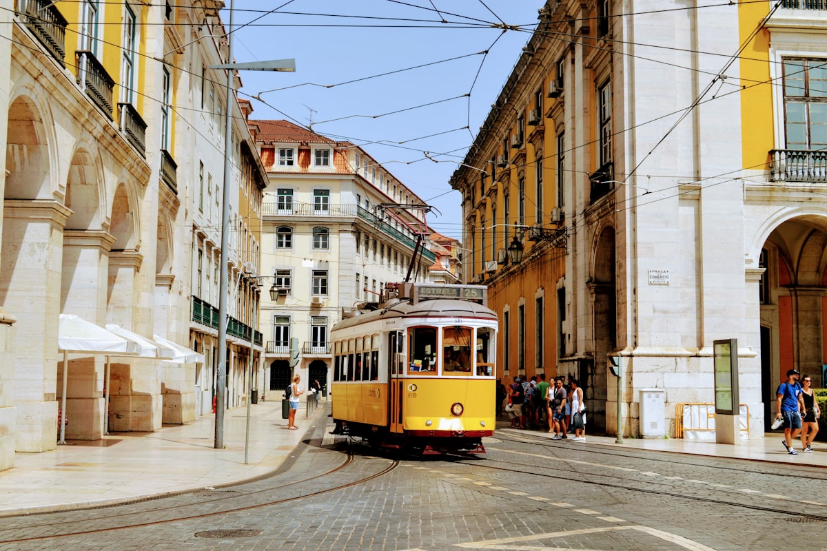 Yellow tram on a Lisbon street